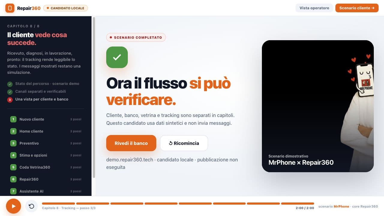 iPhone della demo Repair360 con tracking cliente