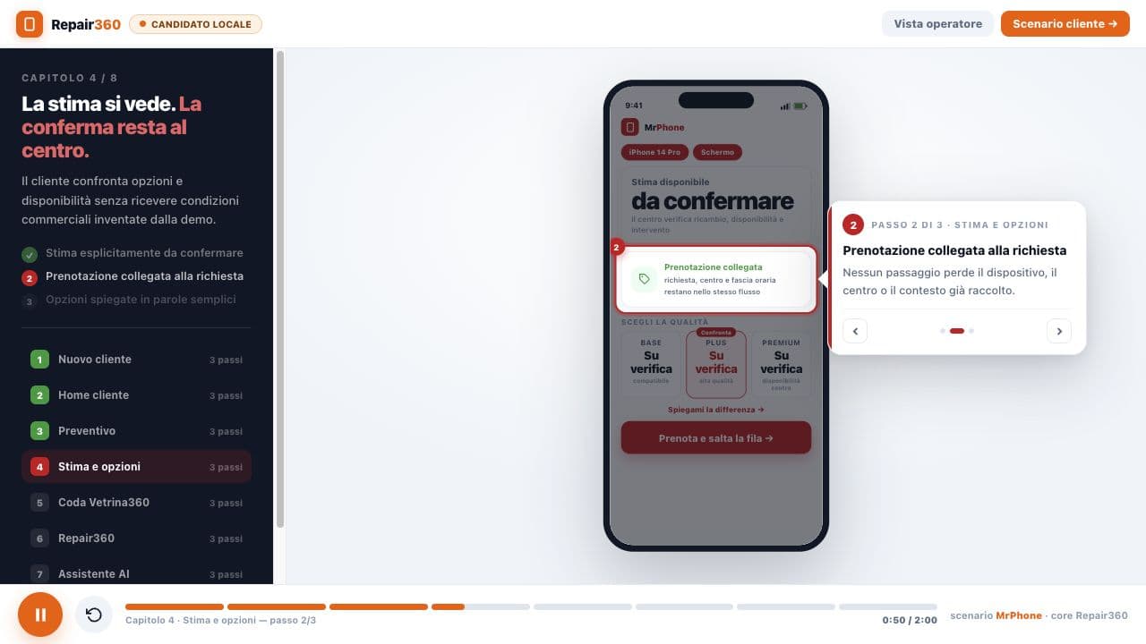 iPhone della demo guidata Repair360 nel passaggio prenotazione